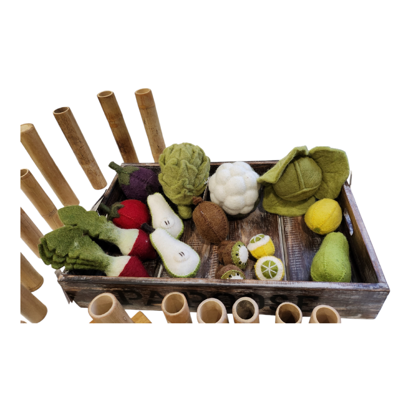 Papoose Felt Fruits and Vegetables (set of 9) in wooden crate