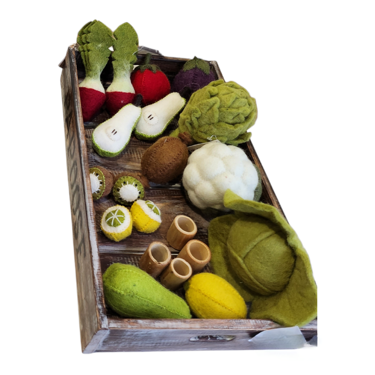 Papoose Felt Fruits and Vegetables (set of 9) in wooden crate